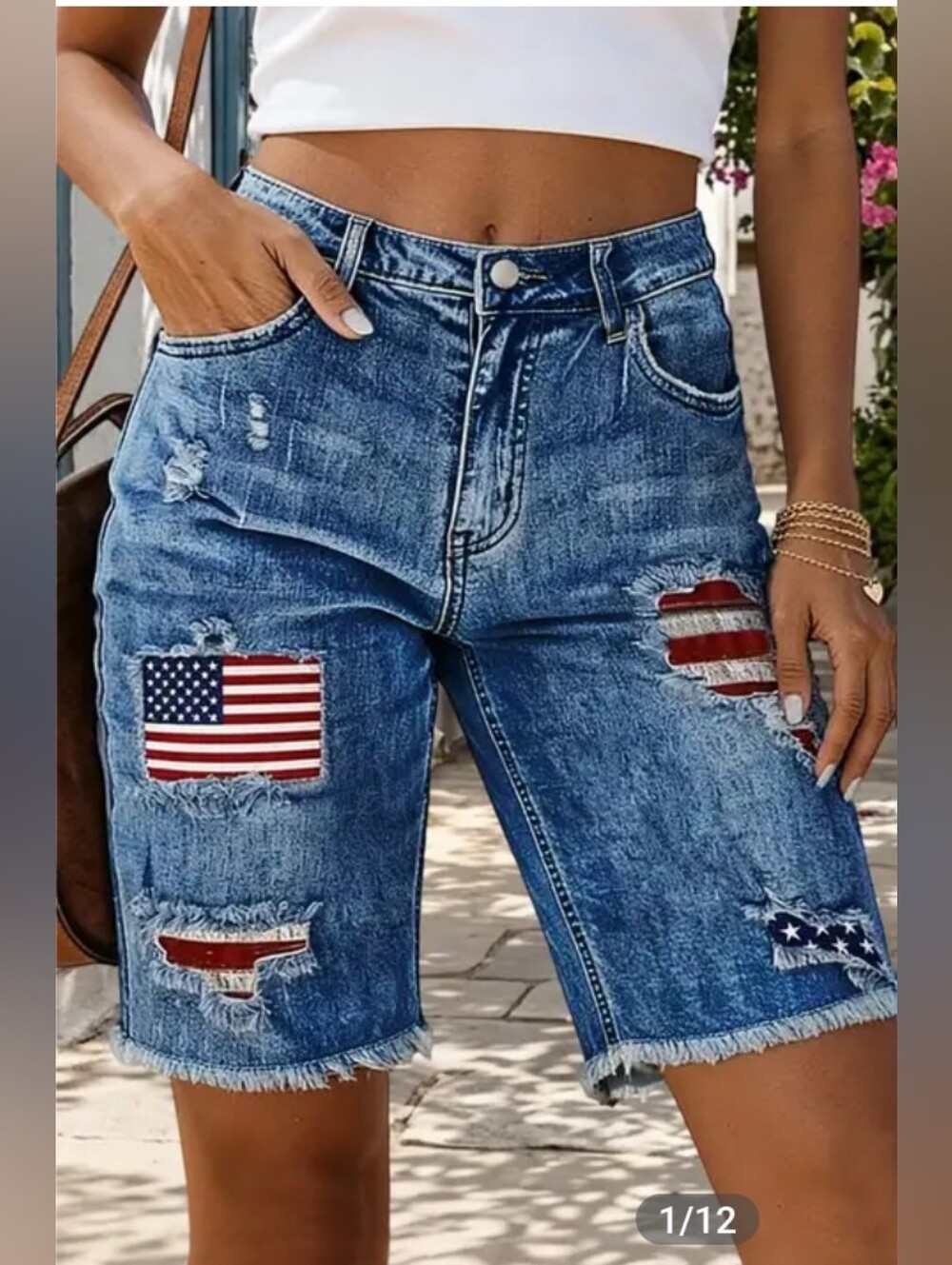 Flamingals Patched American Flag Ripped Raw Hem Bermuda Jean Shorts NWT Medium